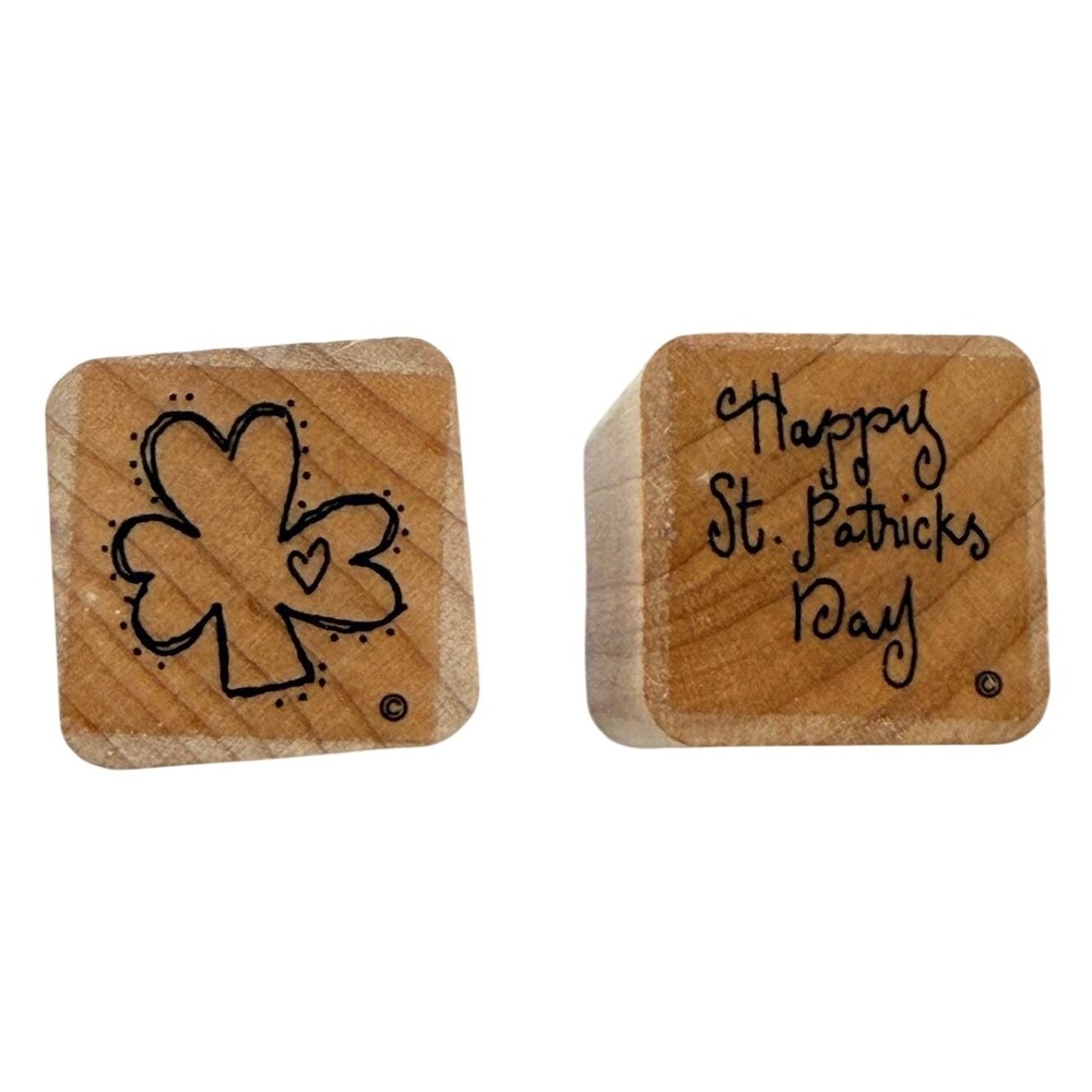 Vintage St Patrick's Day Wood Mounted Rubber Stamp Set Shamrock Greeting 2 Pc